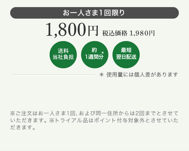 お一人さま1回限り 1,800円 税込価格1,980円 送料無料 約1週間分 支払手数料無料 最短翌日配送 ＊ 使用量には個人差があります ※ご注文はお一人さま1回、および同一住所からは2回までとさせていただきます。 ※トライアル品はポイント付与対象外とさせていただきます。