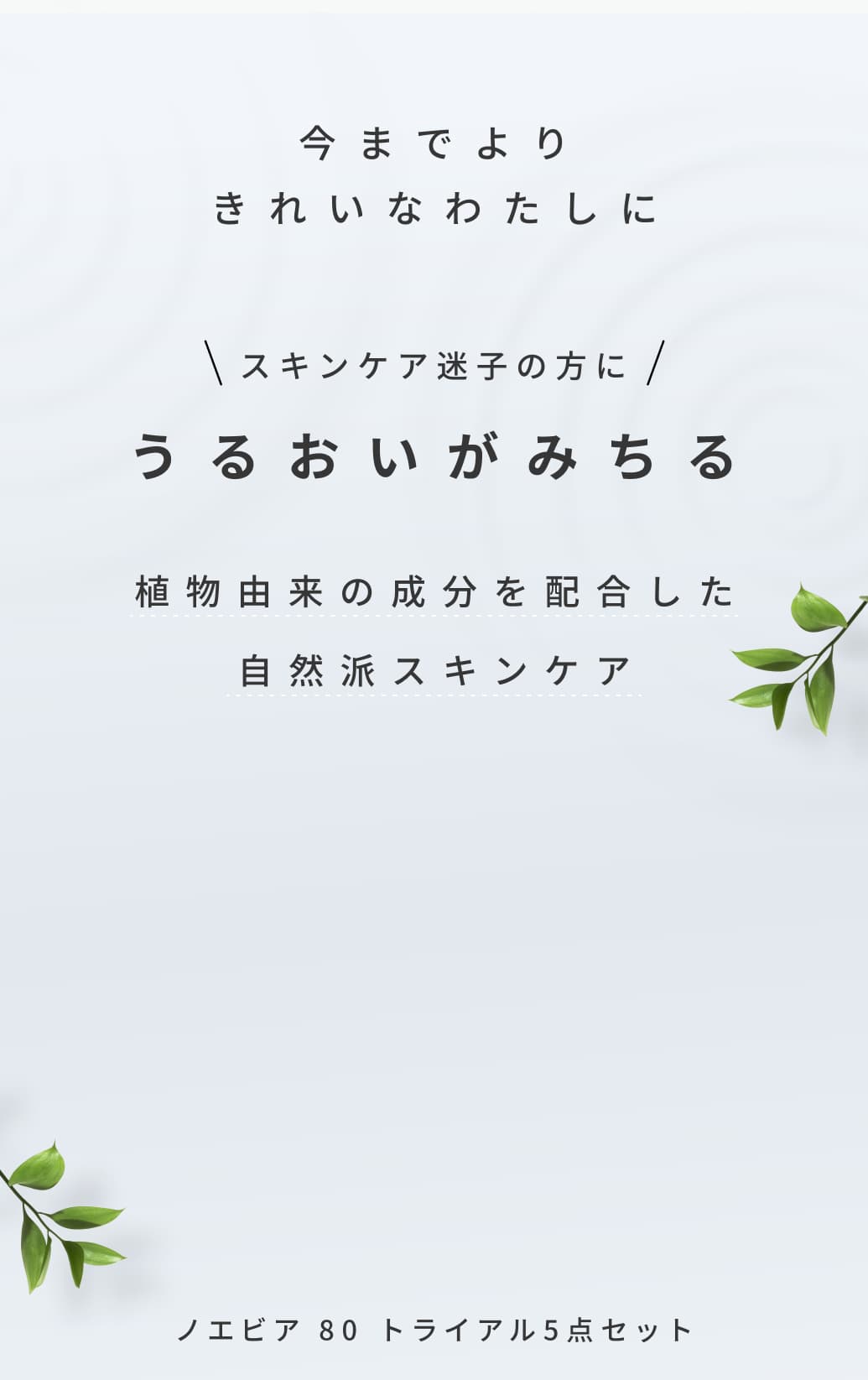 今までよりきれいなわたしに。スキンケア迷子の方にうるおいがみちる。植物由来の成分を配合した自然派スキンケア。ノエビア 80 トライアル5点セット。