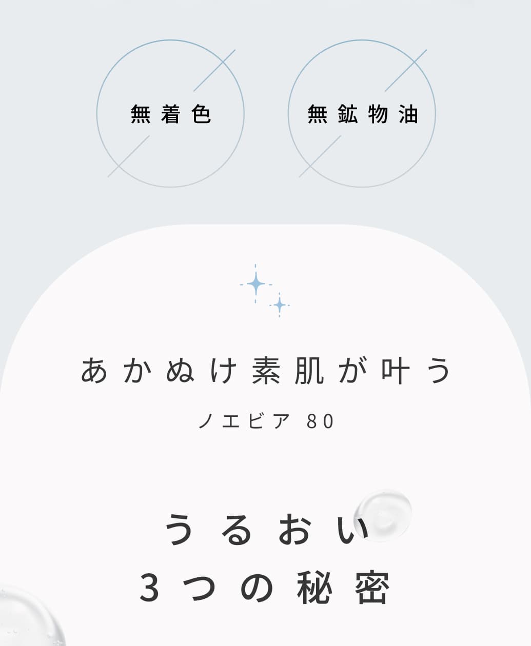 無着色。無鉱物油。あかぬけ素肌が叶うノエビア 80。うるおい3つの秘密。