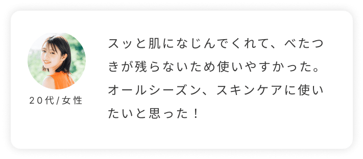 20代/女性。スッと肌になじんでくれて、べたつきが残らないため使いやすかった。オールシーズン、スキンケアに使いたいと思った！