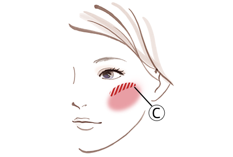 3.Ⓒをブラシに適量ふくませ、頬骨の高い位置（斜線部分）にのせると、より立体感のある仕上がりになります。
